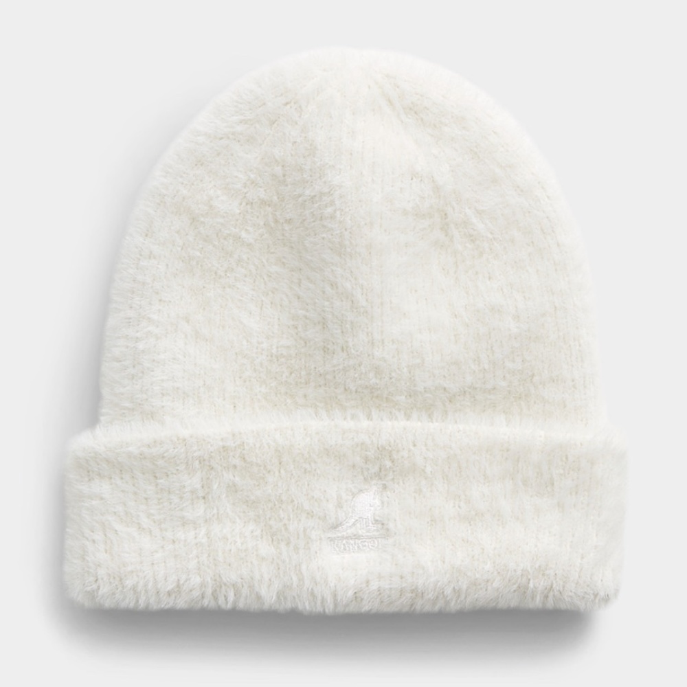 Kangol ivory white embroidered faux fur emblem tuque hat beanie NWT